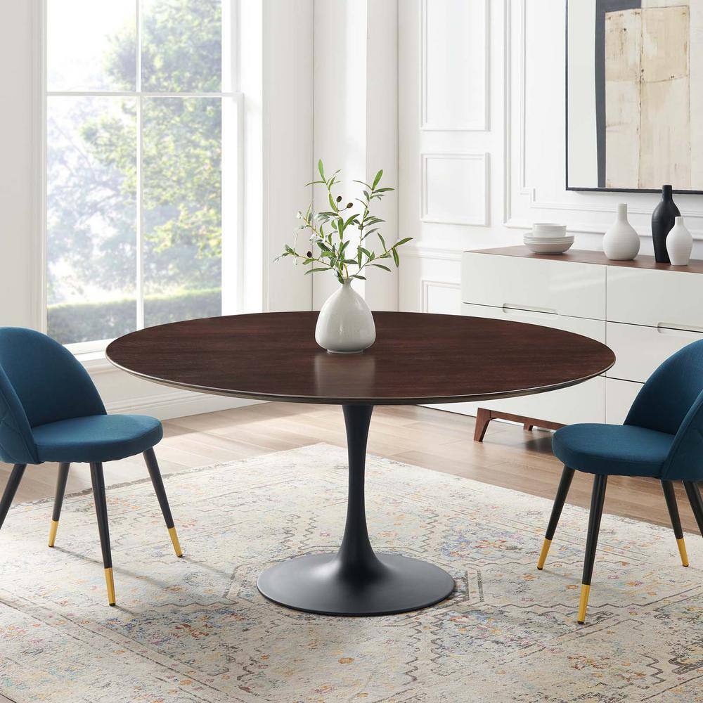 60" Round Cherry Walnut Wood Dining Table with Black Pedestal Base