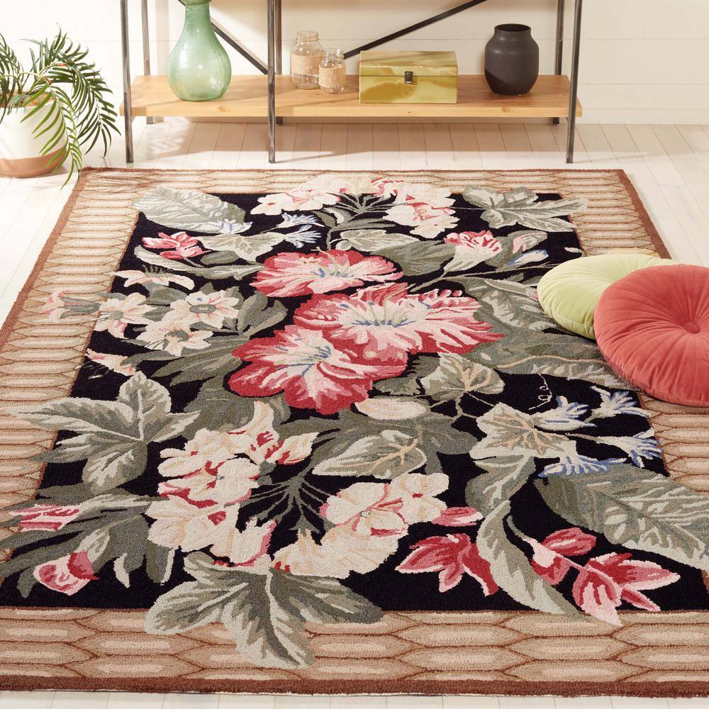 Handmade Black Floral Wool Rectangular Area Rug