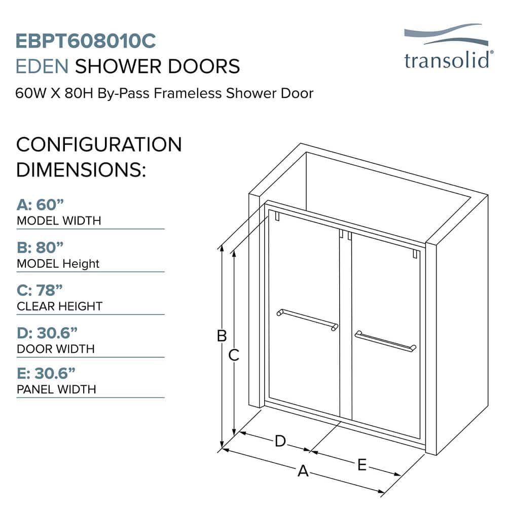 Eden 60" x 80" Brushed Stainless Frameless Sliding Shower Door