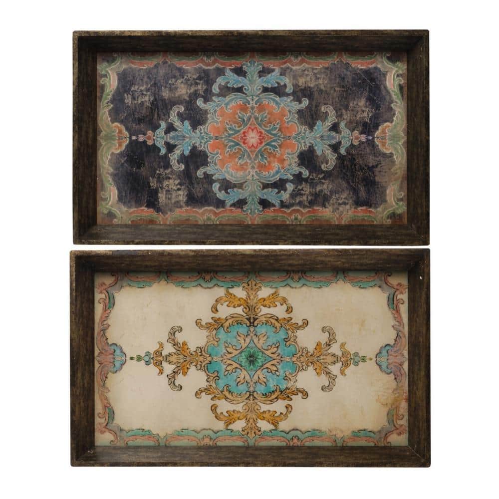 25 Inch Distressed Brown Wood Trays with Damask Pattern, Set of 2