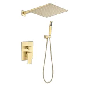 1-Spray Patterns 10 in. Wall Mount Square Rainfall Dual Shower Heads with Handheld in Brushed Gold