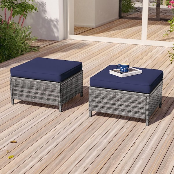 2-Piece Steel Frame Gray Wicker Outdoor Ottoman with Removable Navy Blue Cushion