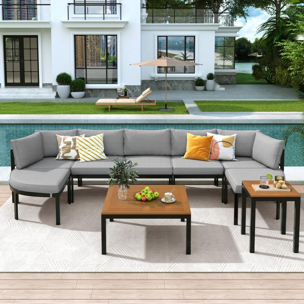 Modern Metal Outdoor Sectional Set with Gray Cushions for Patio, Backyard, 