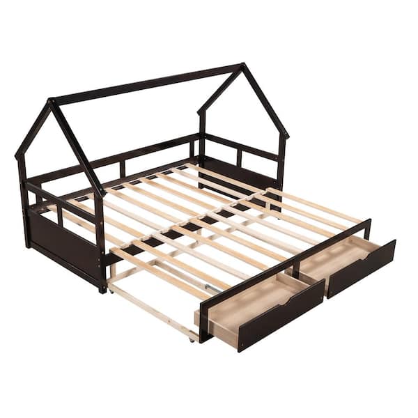 ATHMILE Espresso Extending Wooden Daybed with 2-Storage Drawers