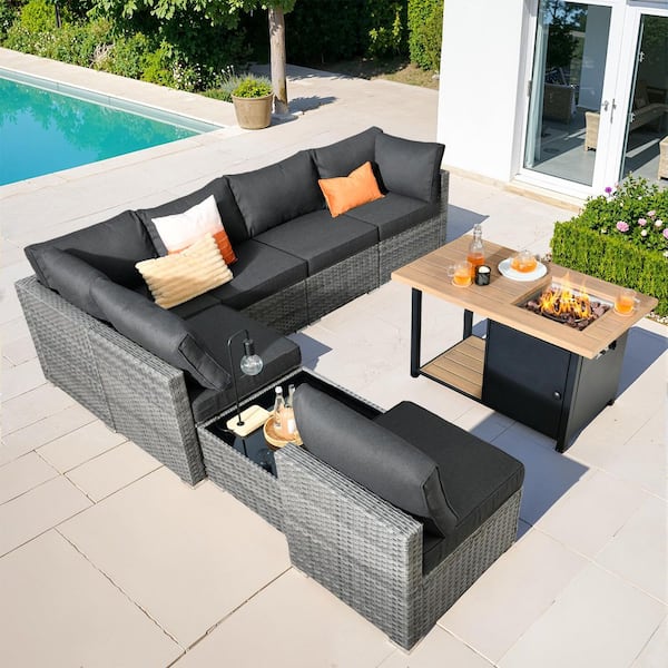 Messi Gray 8-Piece Wicker Outdoor Patio Conversation Sectional Sofa Set with a Storage Fire Pit and Black Cushions