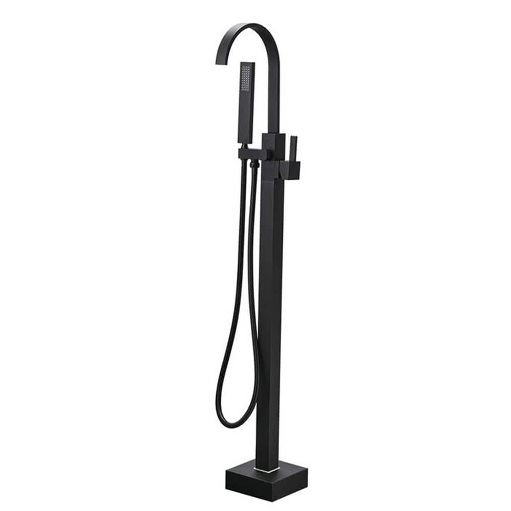 Matte Black Brass Freestanding Waterfall Tub Faucet with Hand Shower