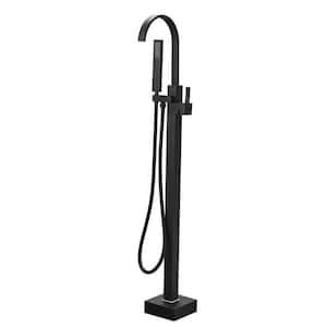 Single-Handle Waterfall Freestanding Tub Faucet with Hand Shower 1-Hole Brass Floor Mount Bathtub Faucets in Matte Black
