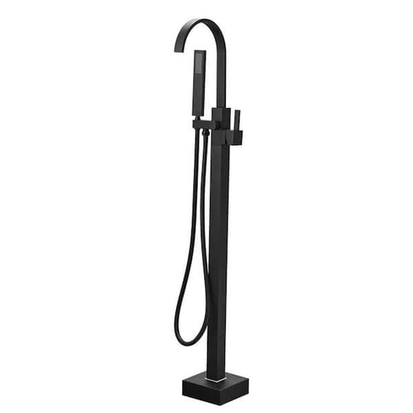 AIMADI Single-Handle Waterfall Freestanding Tub Faucet with Hand Shower 1-Hole Brass Floor Mount Bathtub Faucets in Matte Black