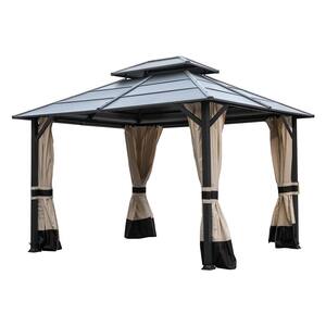 10 ft. x 12 ft. Outdoor Iron Frame Patio Gazebo Canopy Tent Shelter with Iron Hardtop Roof, Curtains Netiing Pavilion