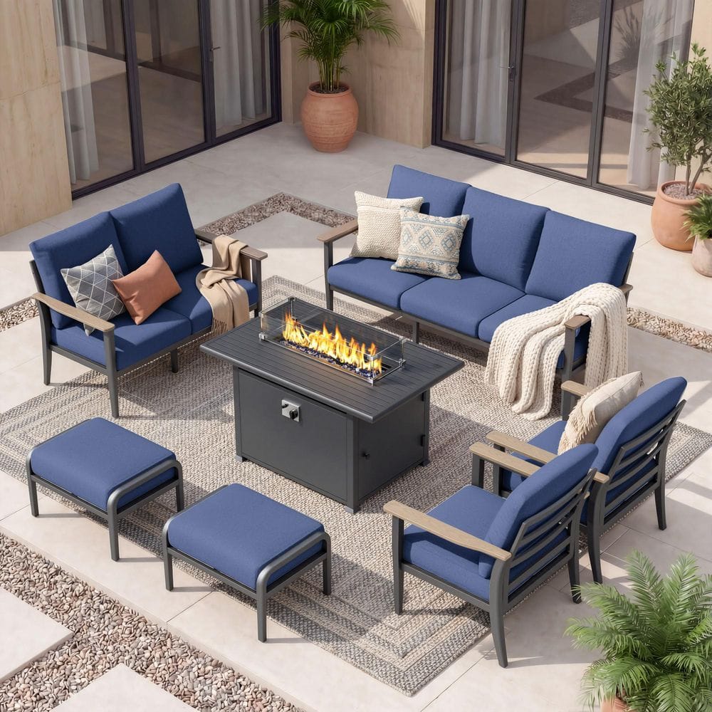 7-Piece Aluminum Patio Conversation Set with Fire Table, 3-Seat Sofa, Loveseat, 2 Chairs, 2 Ottomans Navy Blue Cushions price history on PriceWatchPro