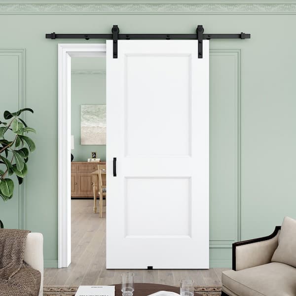 36 in. x 80 in. H Shape 2 Panel White Primed MDF Rolling Closet Sliding Barn Door with Hardware Kit and Handle Included
