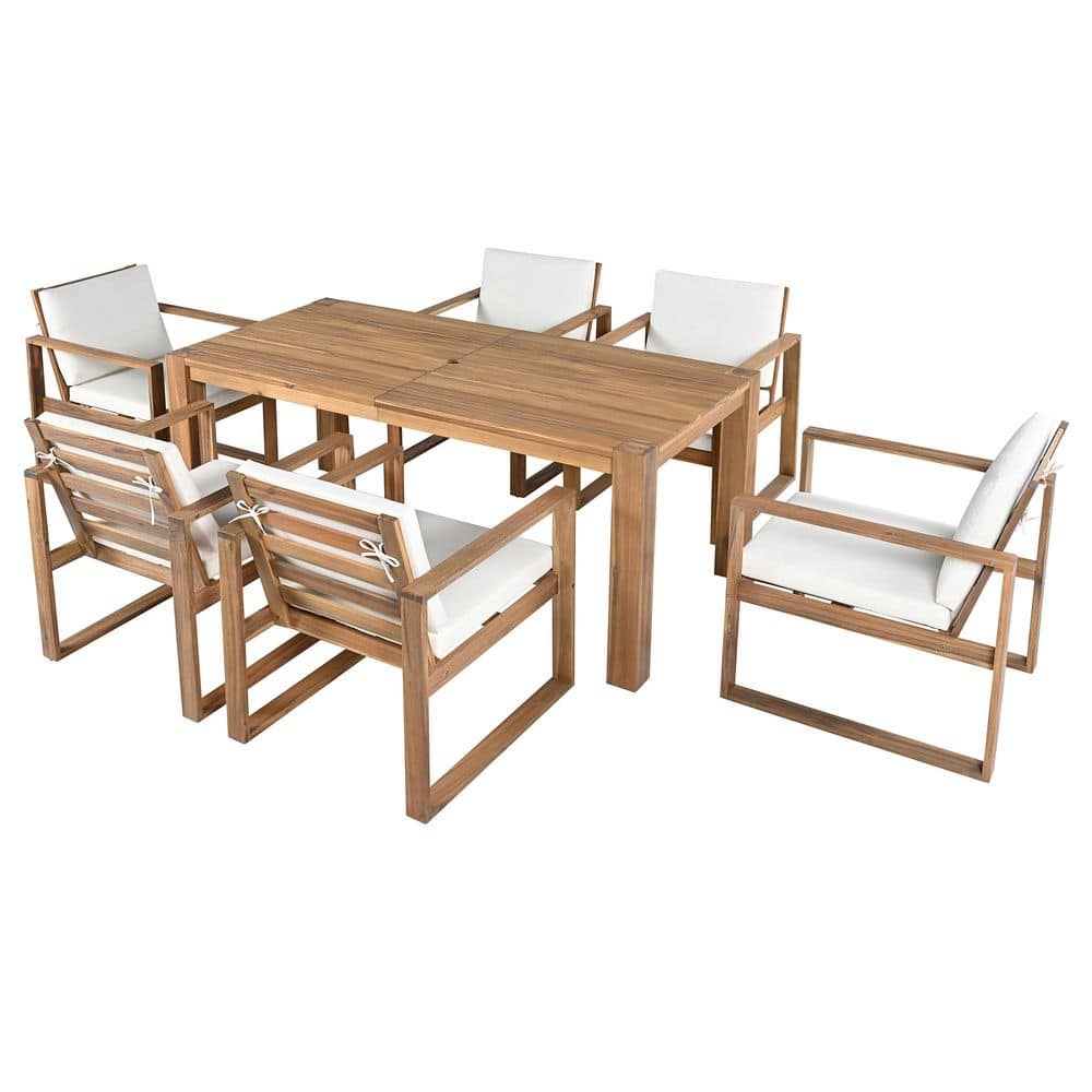 7-Piece Wood Outdoor Dining Set in Light Teak with Removable Beige Cushions