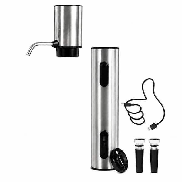 5-Piece Rechargeable Stainless Steel Electric Wine Opener Set with Aerator and Vacuum Stoppers Silver