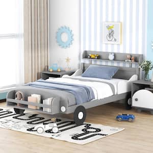 Gray Twin Size Car-Shaped Platform Bed with Storage Shelves