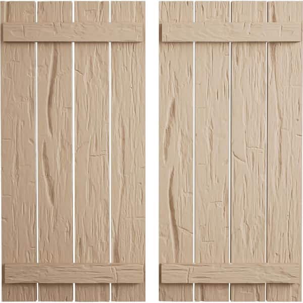 Ekena Millwork 23.5 in. x 46 in. Timberthane Polyurethane 4-Board Spaced Board-n-Batten Hand Hewn Faux Wood Shutters Pair