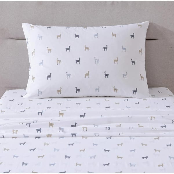 Poppy & Fritz Llamas 4-Piece Beige and Blue Graphic 200-Thread Count Cotton Percale Queen Sheet Set
