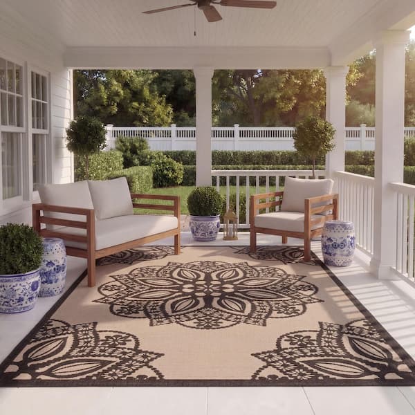 Courtyard Beige/Black 8 ft. x 11 ft. Border Indoor/Outdoor Patio  Area Rug