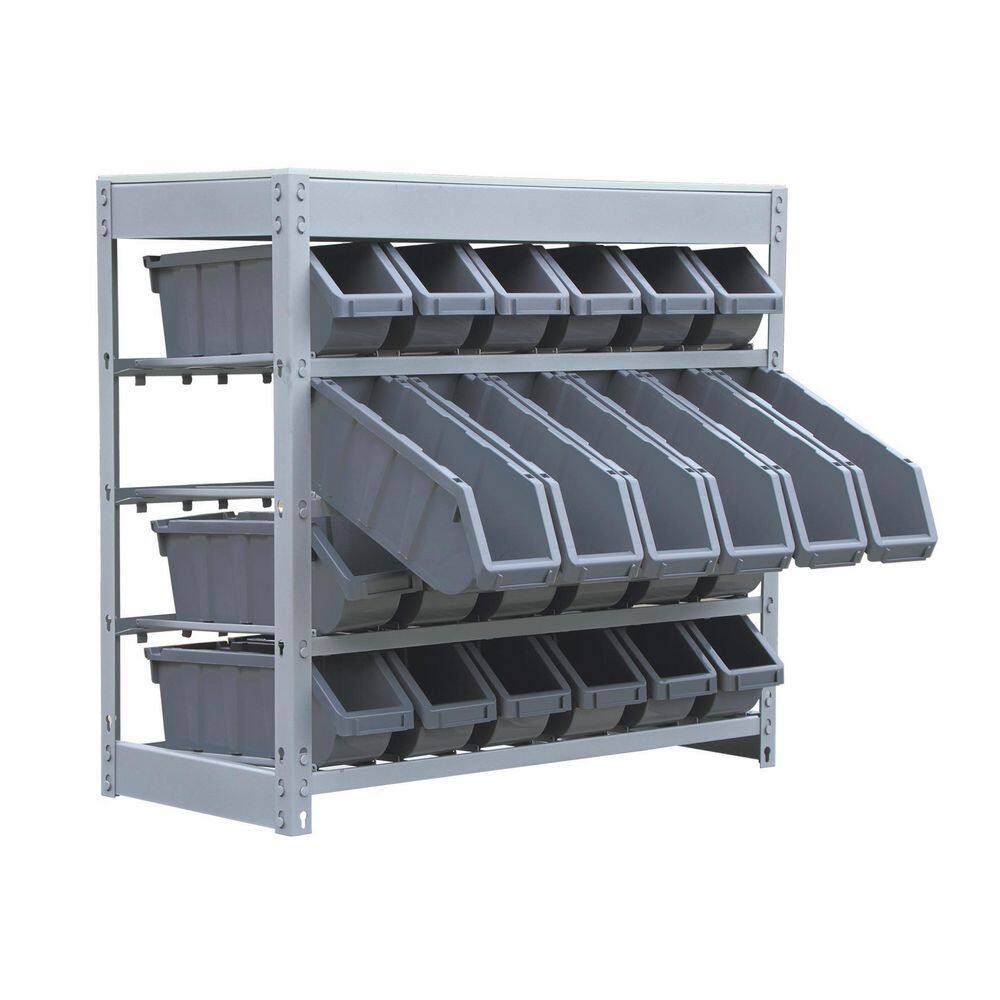 Compact 4-Tier Gray Metal Organizer Shelving with 24 Bins