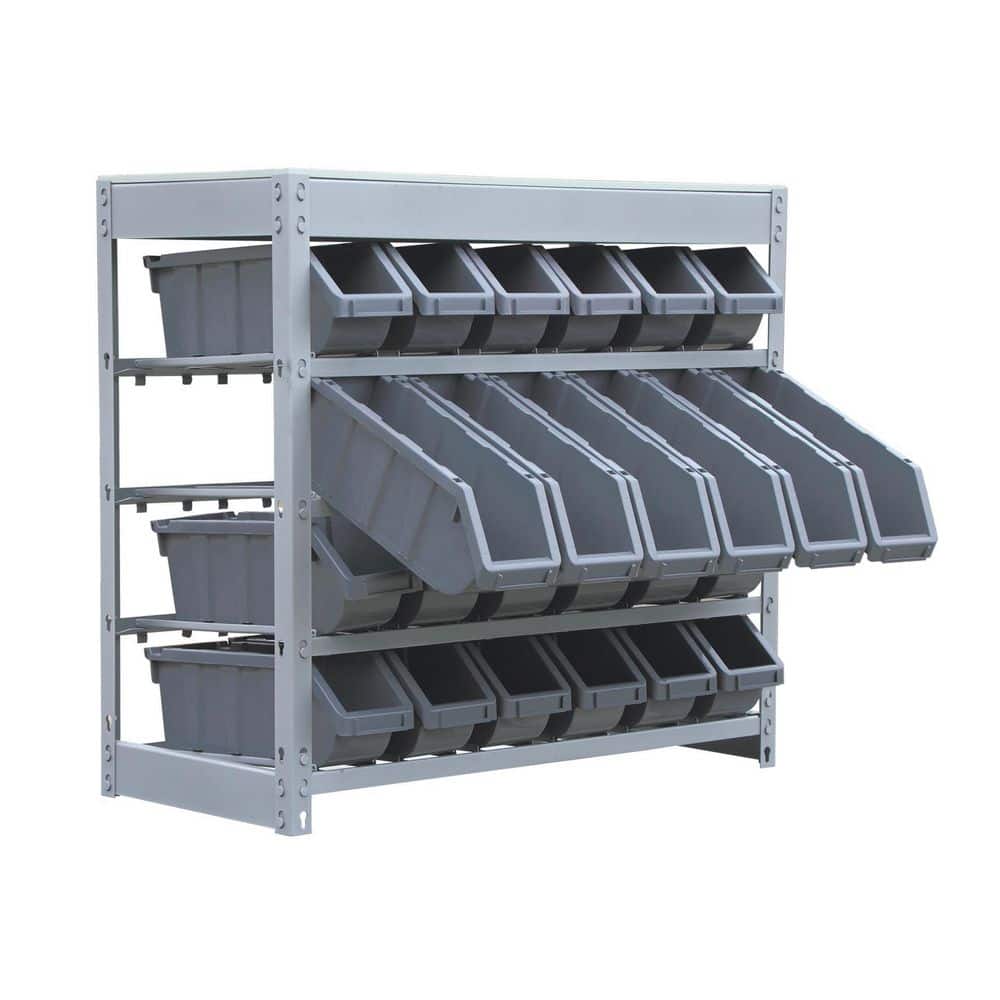 Compact 4-Tier Gray Metal Organizer Shelving with 24 Bins