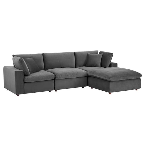 MODWAY Commix 71 in. Gray Down Filled Overstuffed Performance Velvet 4-Seat Sectional Sofa in Gray