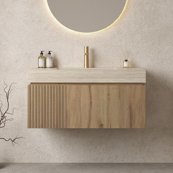 36 in. Single Sink Floating White Oak Bath Vanity with Beige Sintered Stone Top