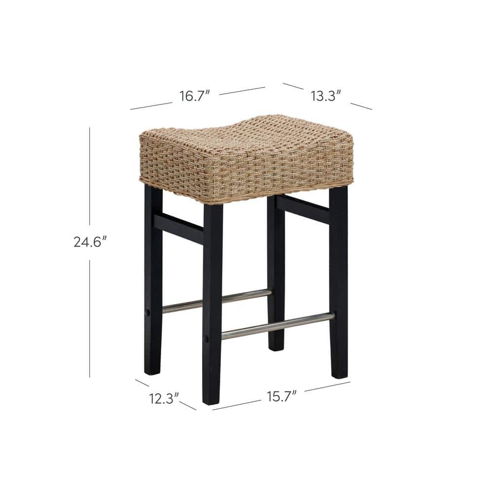 Black and Natural Woven Rattan Saddle Bar Stool with Metal Footrest