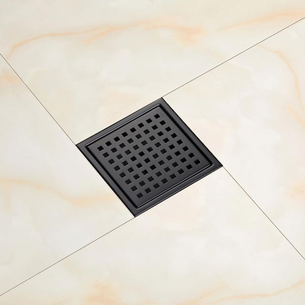 6 in. Square Stainless Steel Grid Shower Floor Drain with Flange in Matte Black