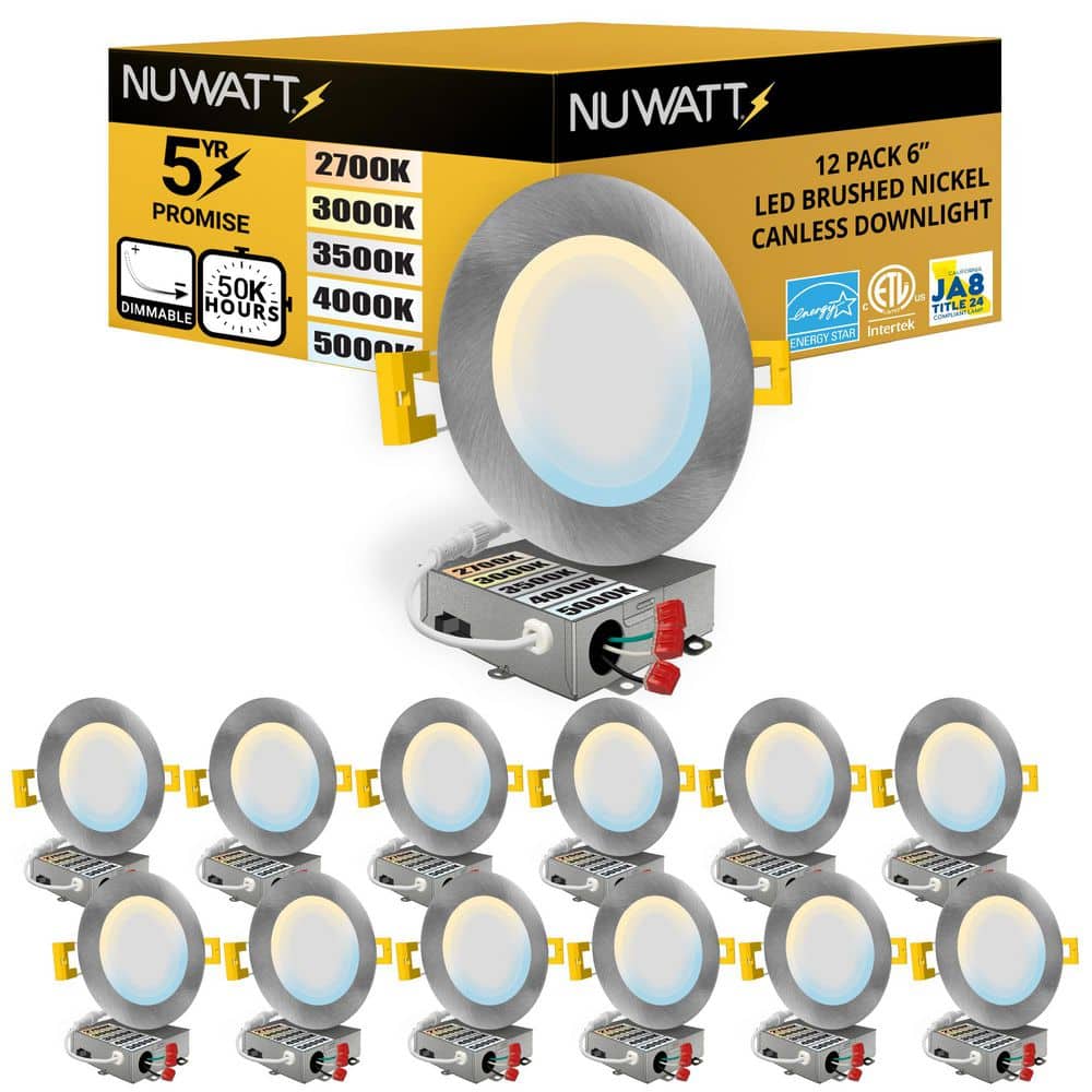6 in. LED Brush Nickel Round Ultra Slim Canless Integrated LED Recessed Light Kit 5 CCT 2700K - 5000K Dimmable (12-Pack) price history on PriceWatchPro