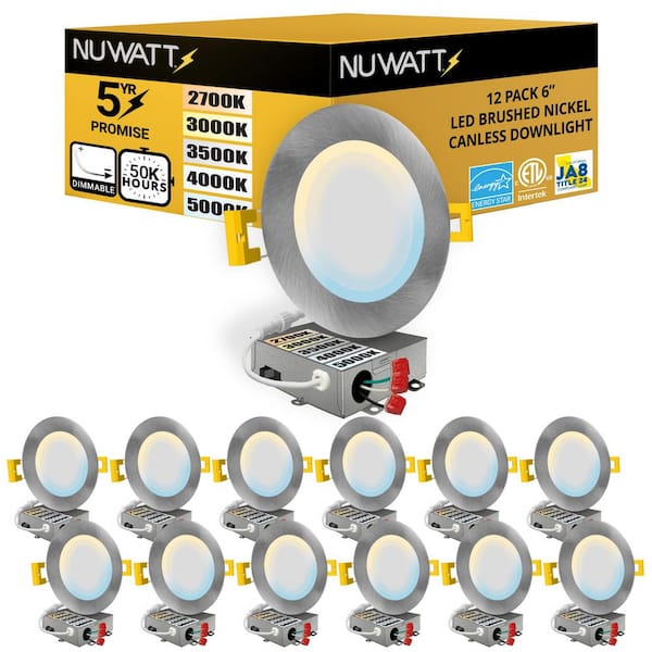 6 in. LED Brush Nickel Round Ultra Slim Canless Integrated LED Recessed Light Kit 5 CCT 2700K - 5000K Dimmable (12-Pack)