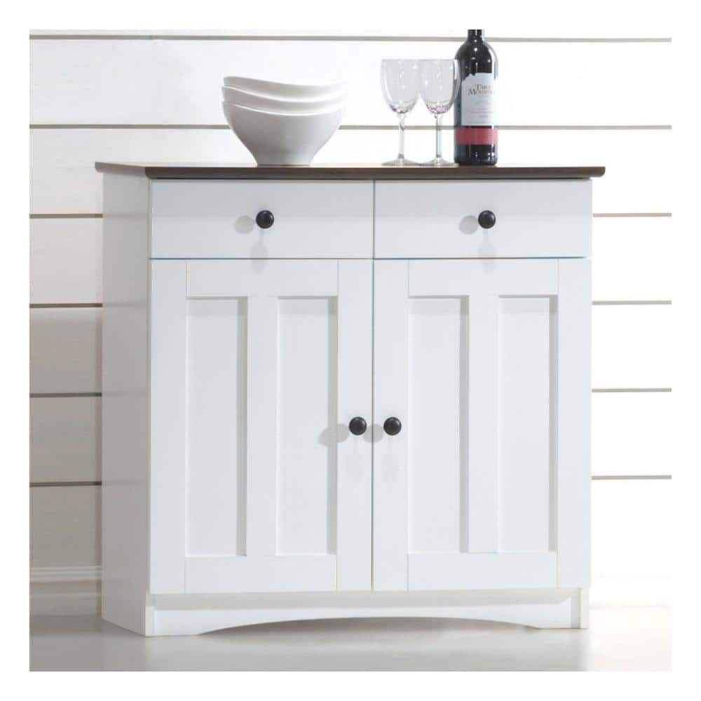 Lauren White and Dark Brown Buffet Kitchen Cabinet with Two Doors and Drawers