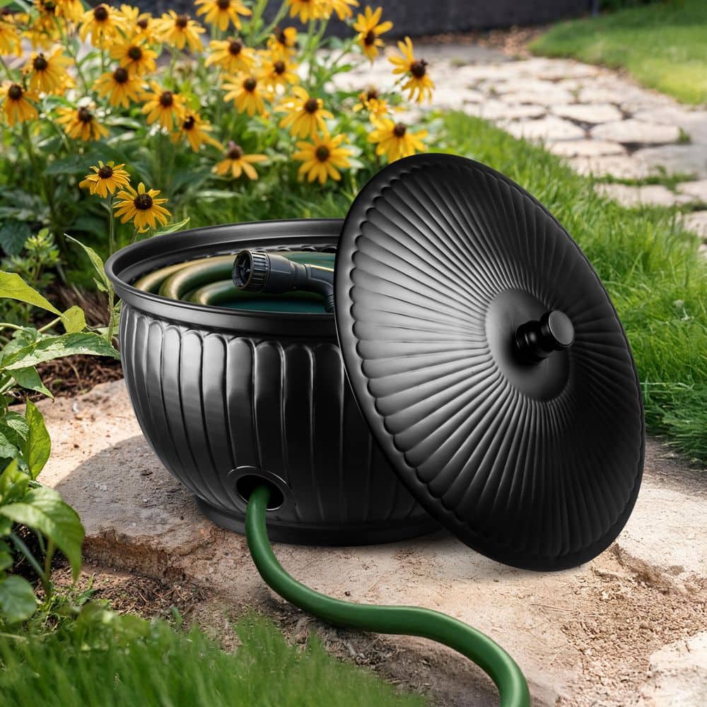 Arch Embossed Metal Garden Hose Holder Pot with Lid, Black price history on PriceWatchPro