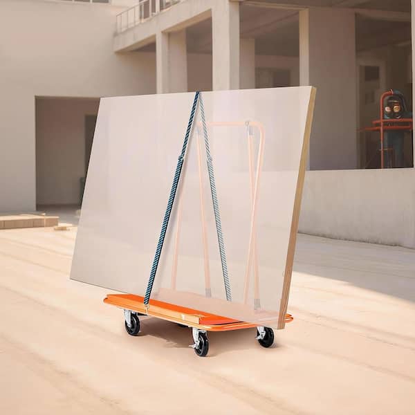Drywall Cart Dolly with 1800lbs. Load Capacity, Steel Panel Dolly with 4 Swivel Casters, Durable, Tie-Down Strap, Orange
