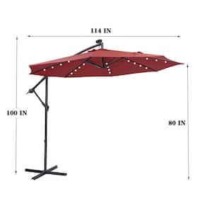 10 ft. Solar LED Patio Outdoor Umbrella Hanging Cantilever Umbrella in Red with 32 LED Lights