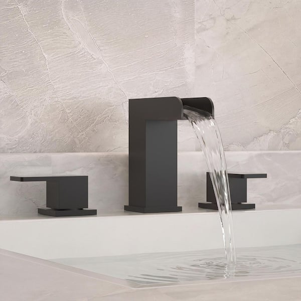 8 in. Widespread Double Handle Bathroom Faucet with Waterfall Spout and Pop-Up Drain in Matte Black (1-Pack)