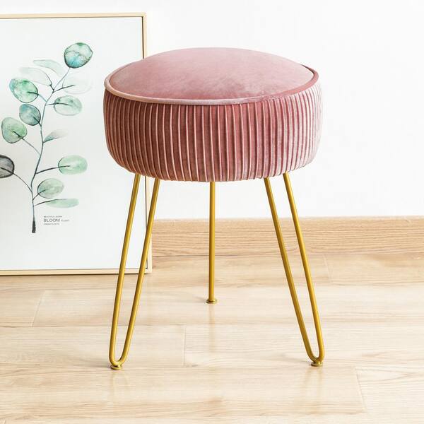 LUE BONA 18.5 in. Pink Velvet Round Upholstered Metal Vanity Stool with