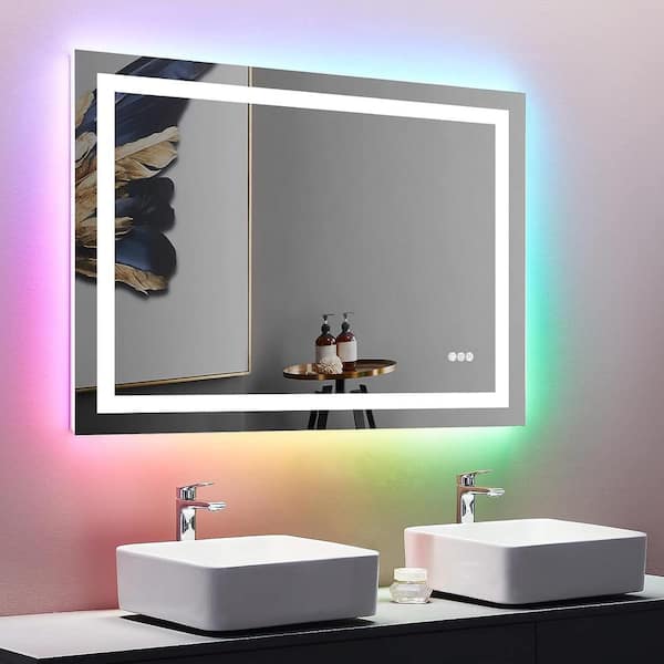 Apmir 48 in. W x 36 in. H Rectangular Frameless RGB Backlit & LED Frontlit Anti-Fog Tempered Glass Wall Bathroom Vanity Mirror