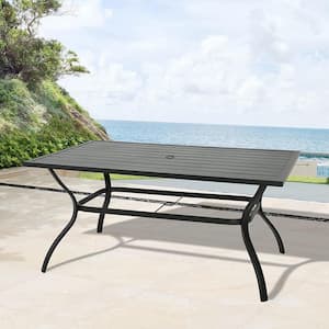 Outdoor Metal Slat Dining Table Patio Rectangle Bistro Table Garden Table in Black with Umbrella Hole
