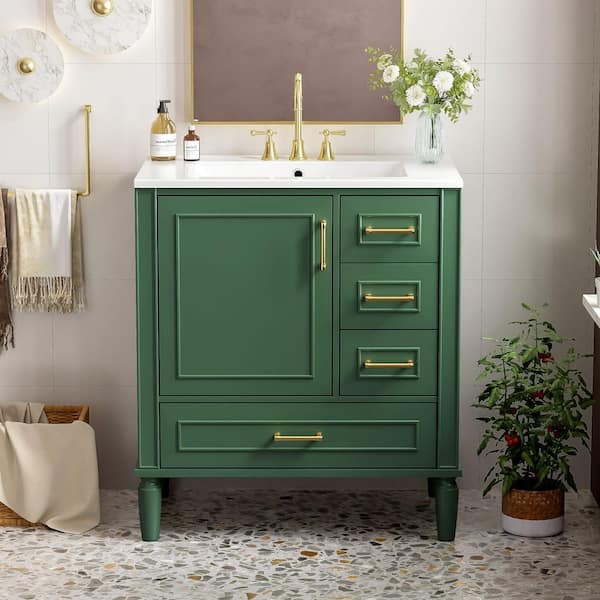 30 in. Single Sink Freestanding Green Bath Vanity with White Ceramic Top, Soft Close Doors