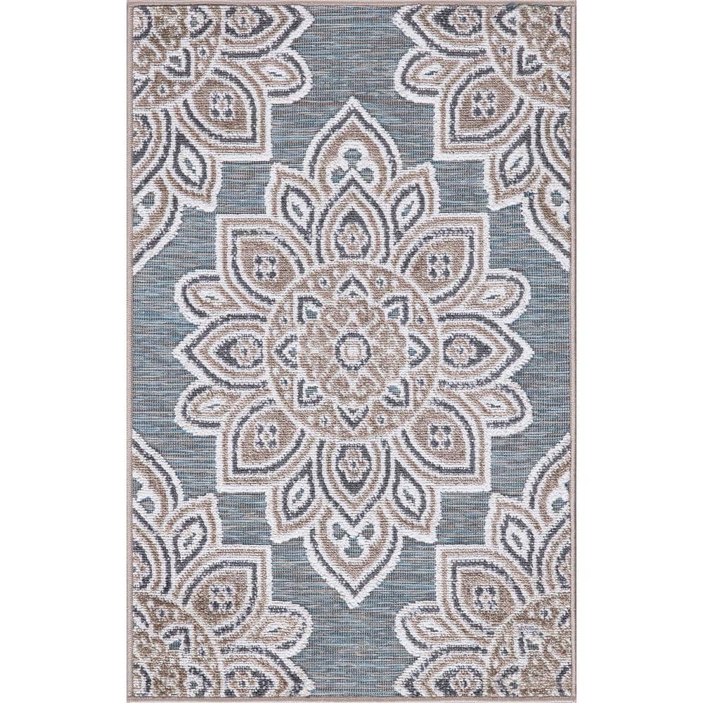 StyleWell Blue . x Doormat 2 ft. x 3 ft. Floral Indoor/Outdoor Patio ...