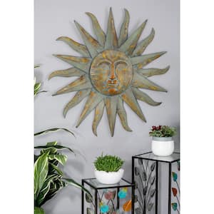 Metal Gold Indoor Outdoor Distressed Sun Wall Decor with Copper-Like Accents and Grooves