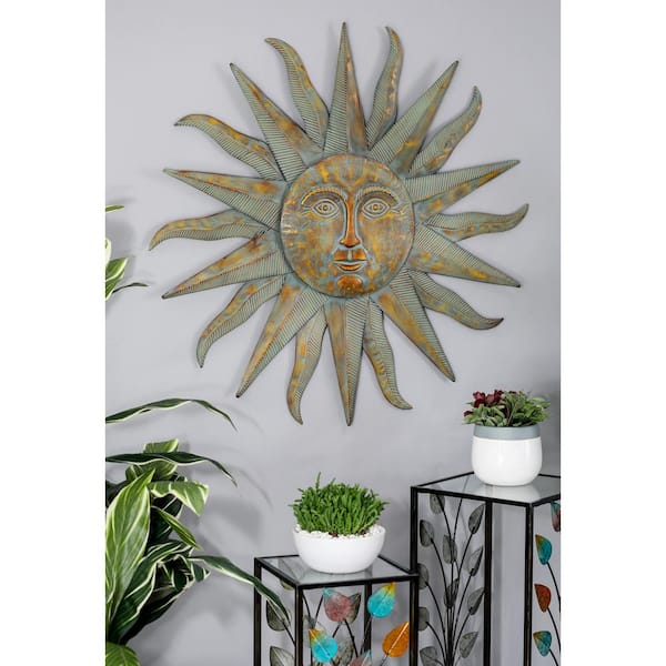 Litton Lane 35 in. x  35 in. Metal Gold Indoor Outdoor Distressed Sun Wall Decor with Copper-Like Accents and Grooves