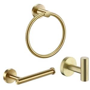 3-Piece Bath Hardware Set with Towel Hook and Toilet Paper Holder and Towel Ring in Stainless Steel Brushed Glod