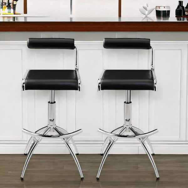 23 in. Black Low Back Metal Adjustable Height Bar Chair with Faux Leather Seat Set of 2