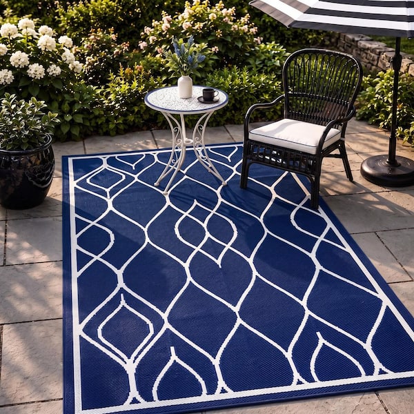 Blue and Black 5 X 8 ft. Plastic Waterproof Outdoor and Indoor Area Rug, for Patio, Picnic, Backyard
