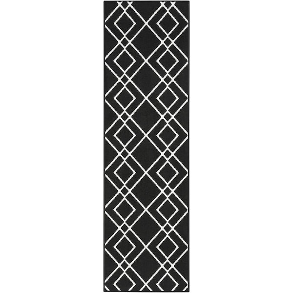 Nourison Modern Lines Black 2 ft. x 7 ft. Geometric Contemporary Kitchen Runner Area Rug