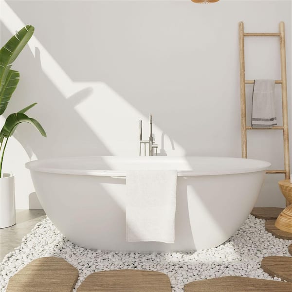 63 in. x 33.5 in. Elegant Soaking Freestanding Solid Surface Resin Stone Oval Bathtub with Center Drain in Matte White
