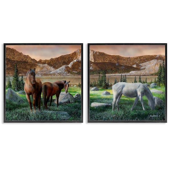 Stupell Industries Country Valley Horses Grazing by Kevin Daniel 2-Pieces Black Framed Animal Giclee Art Print 17 in. x 17 in.