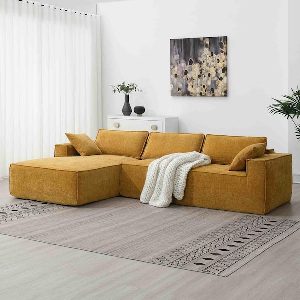 111.5 in. Square Arm Chenille L-Shaped Sofa with Wrinkle-Resistant in Yellow