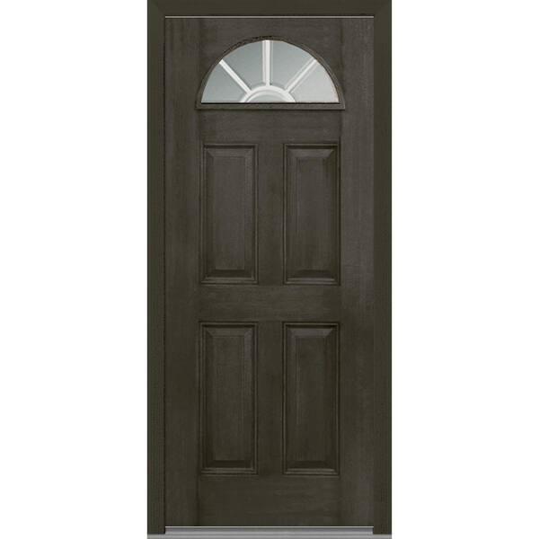 MMI Door 32 in. x 80 in. Grilles Between Glass Left-Hand 1/4-Lite Clear 4-Panel Stained Fiberglass Mahogany Prehung Front Door