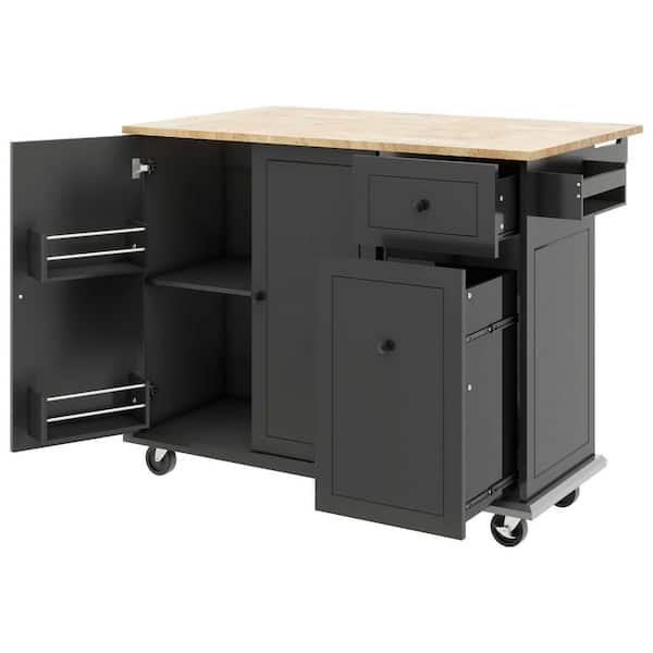 Black Natural Wood Kitchen Cart with Internal Storage Shelves and Pull-Out Cabinet Organizers